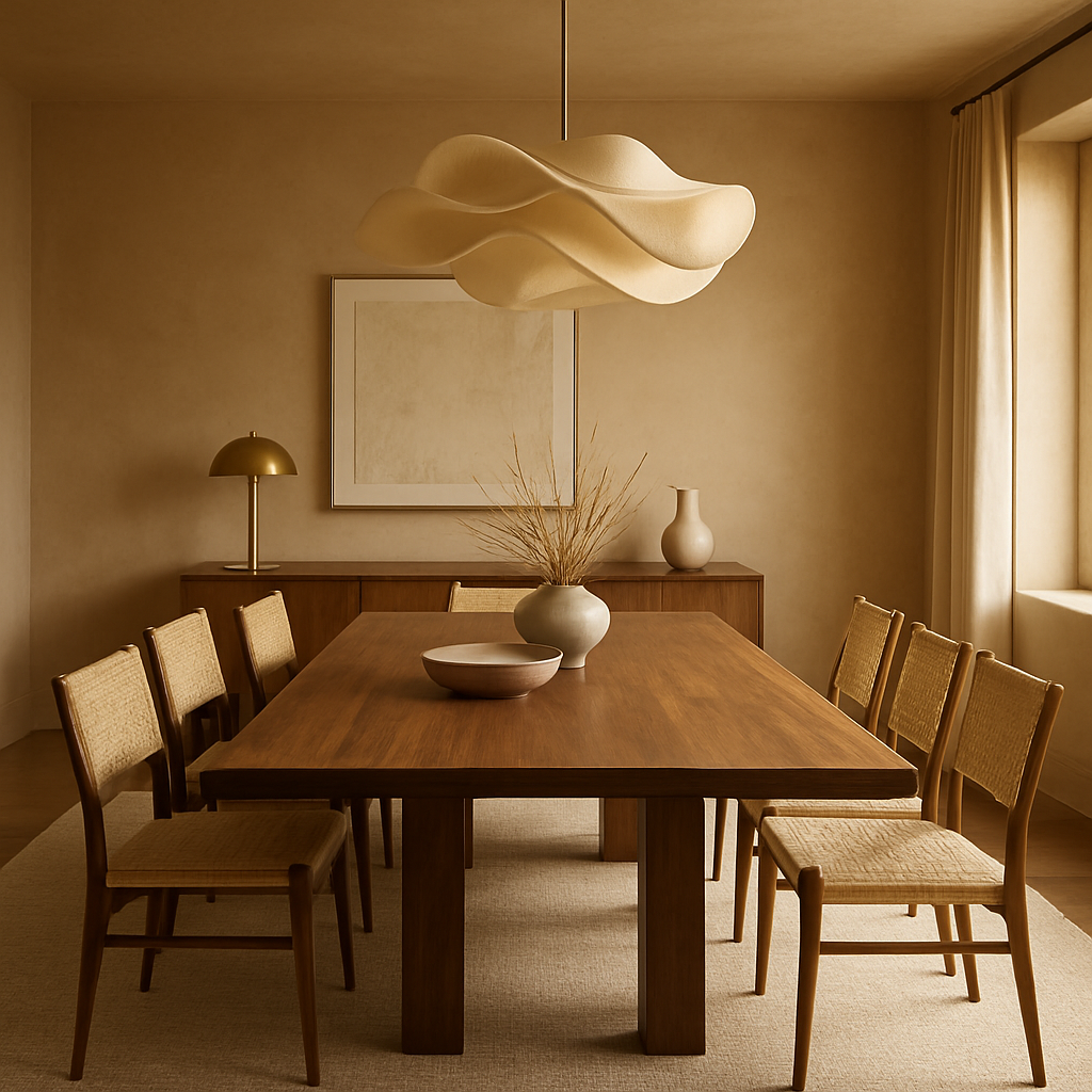 Warm luxury dining room with walnut table and sculptural lighting