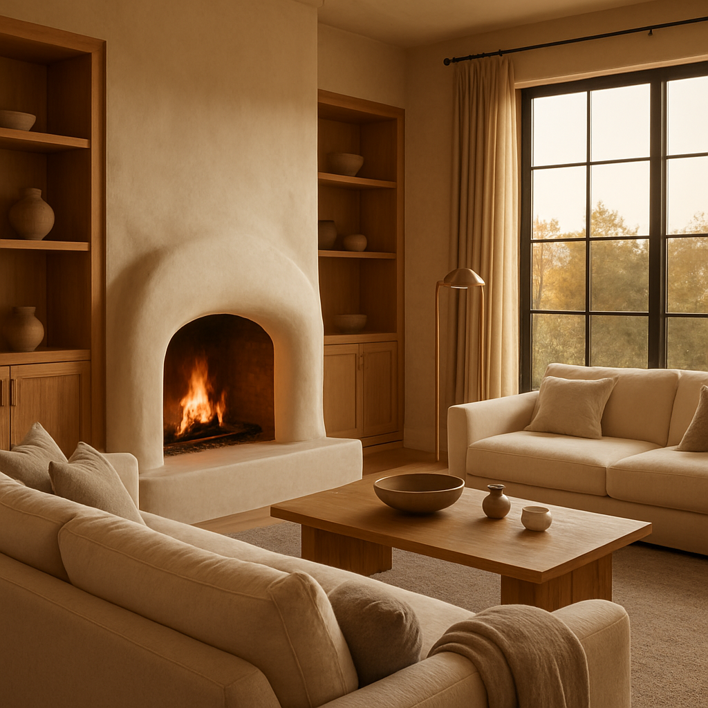 Warm luxury living room with sculptural fireplace and custom oak built-ins by Nima Design Company