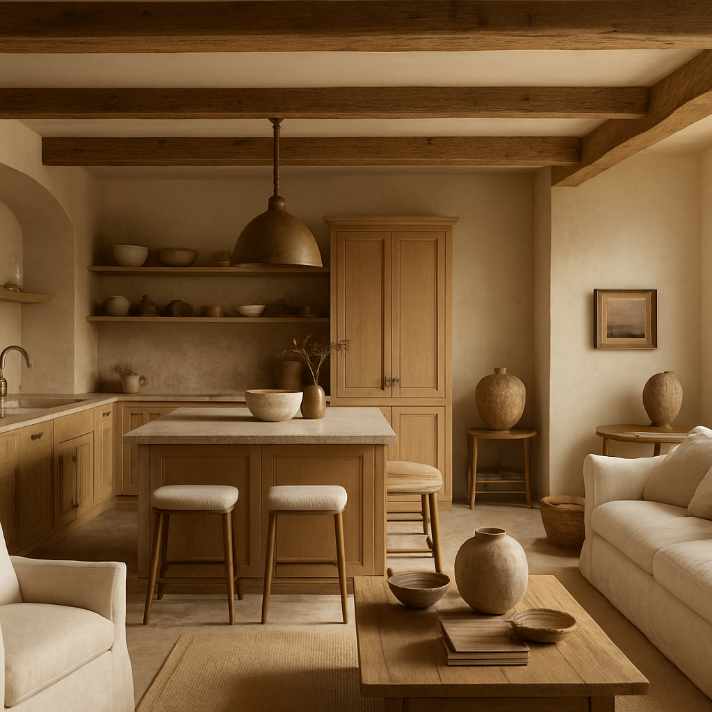 Warm European-inspired kitchen with white oak cabinetry and natural stone