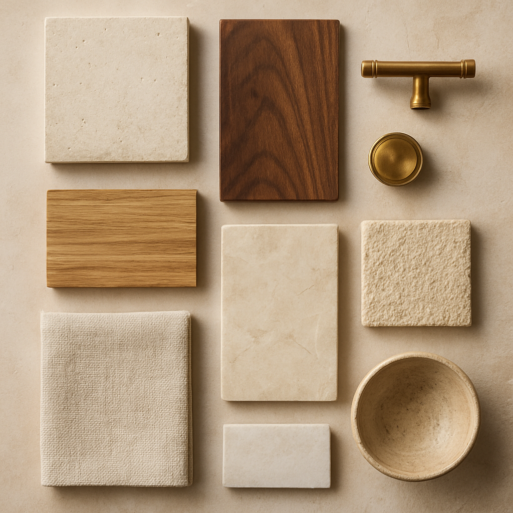 Plans, material samples, wood tones, stone, and hardware selections