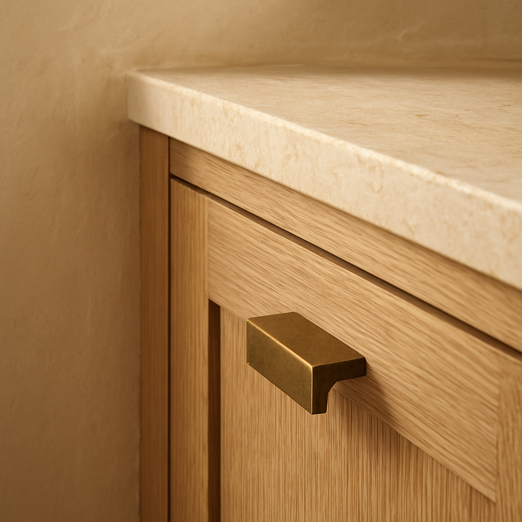 Detail of hand-finished millwork and aged brass
