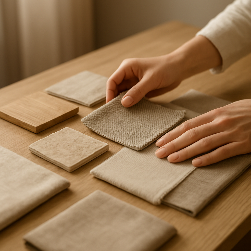 Designer reviewing material and fabric samples on an oak table