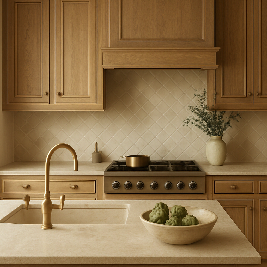 High-end rustic luxury kitchen with oak cabinetry and stone countertops