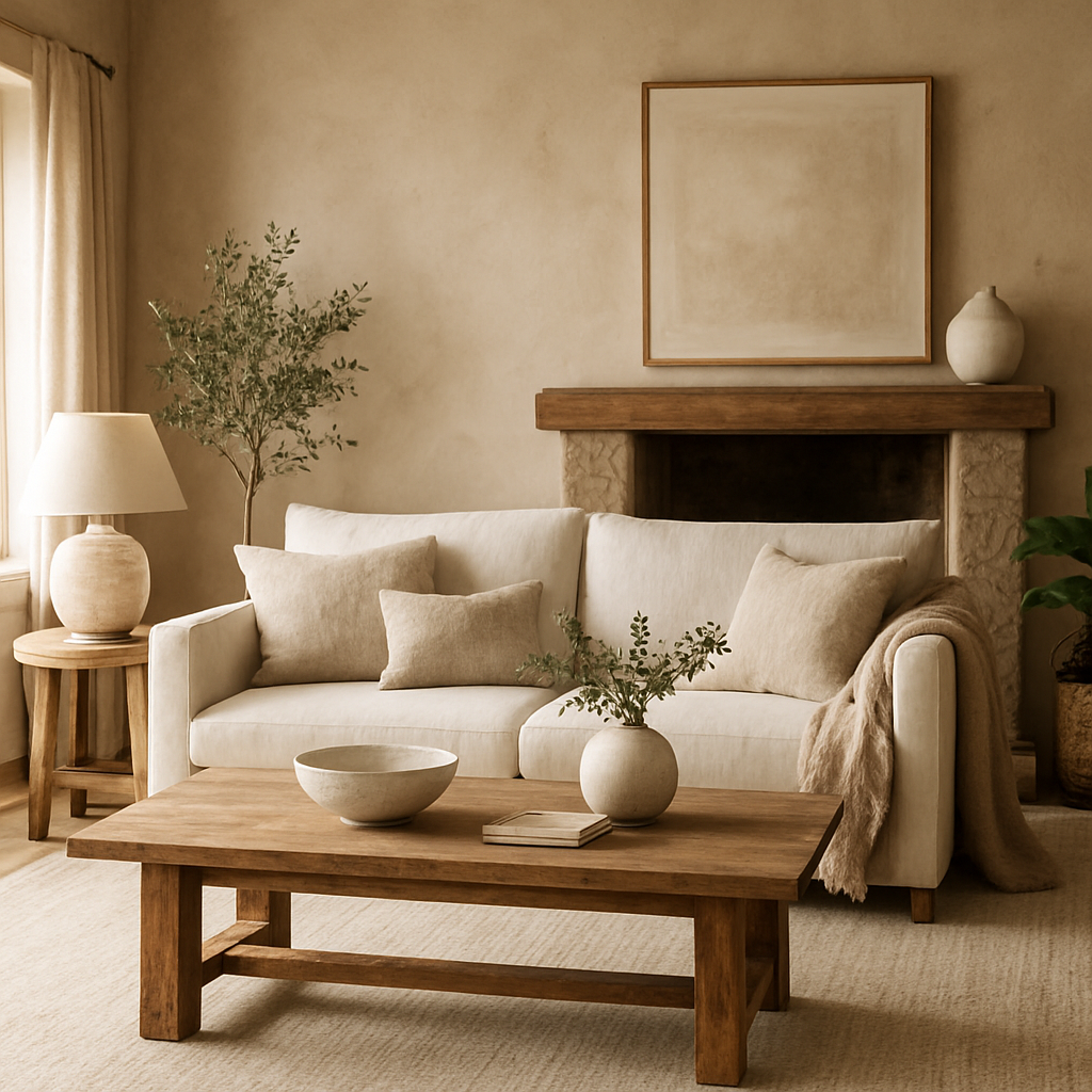 Warm luxury living room with linen sofa and oak accents